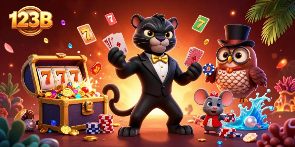Experience the excitement of 123B with stylish characters, dynamic slot games, and rich casino visuals.