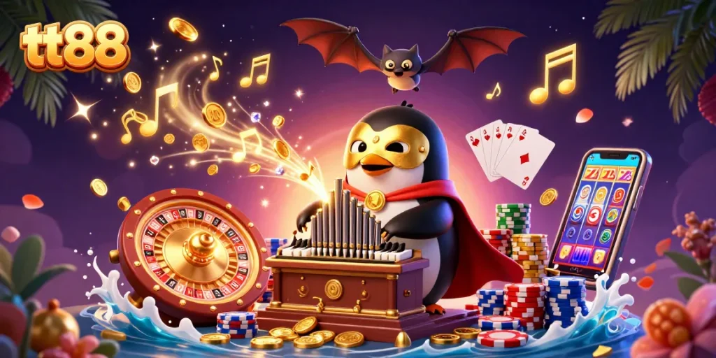 Experience thrilling wins at tt88 with a vibrant 3D casino scene featuring a penguin and bat acrobat.