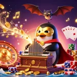 Experience thrilling wins at tt88 with a vibrant 3D casino scene featuring a penguin and bat acrobat.