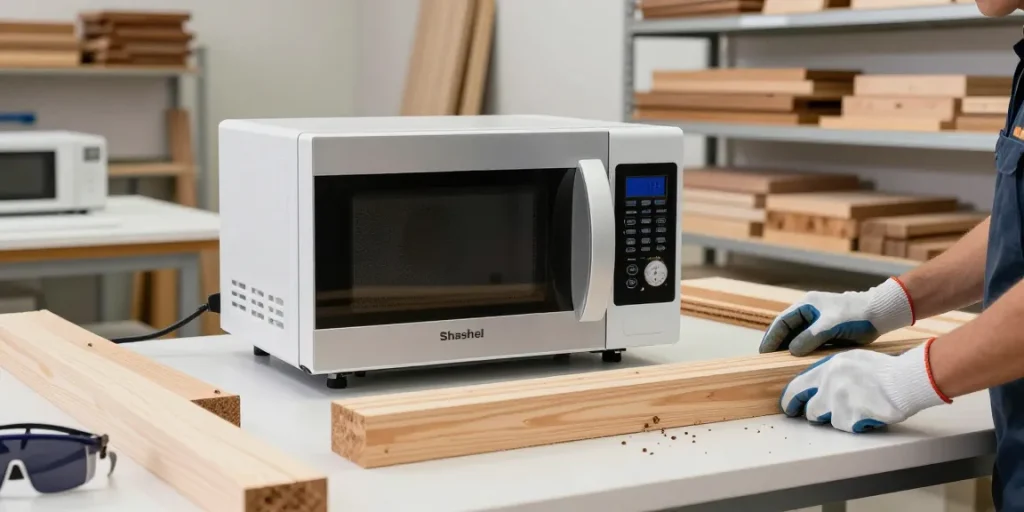Shashel microwave equipment treating wood for pest elimination in a modern workshop.