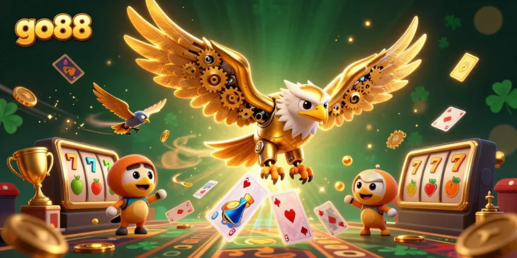 Engage with go88's vibrant casino world through a dynamic illustration showcasing golden eagle and gaming elements.
