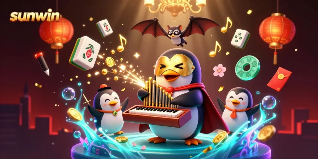 Join the excitement of sunwin with a dynamic 3D scene featuring gambling symbols and animated characters.