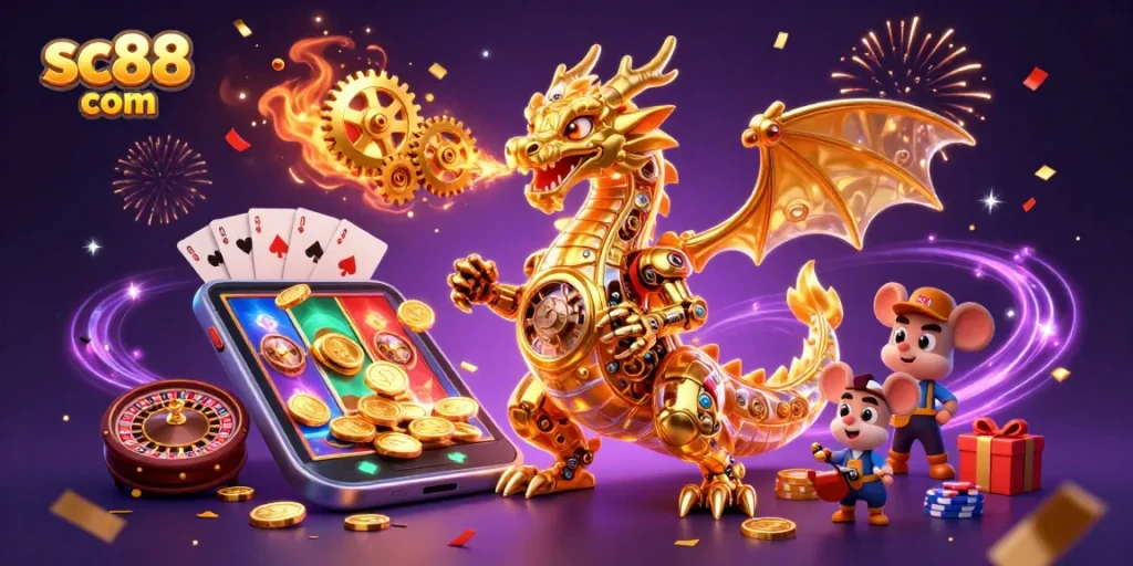 Experience sc88 com's vibrant casino excitement with a golden dragon and dynamic gaming elements.