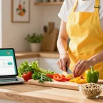 Preparing a colorful meal with the best food tracking app displayed on a tablet in a bright kitchen.