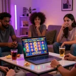Group enjoying situs judi slot on a laptop in vibrant casino atmosphere with snacks and drinks.