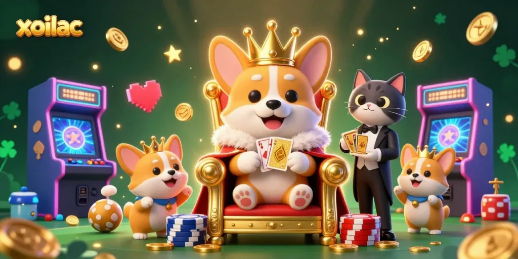 Xoilac offers an exciting throne experience with a royal corgi and gaming elements.