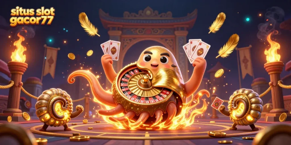 Spin and win on situs slot gacor77 with an epic 3D casino scene, featuring a nautilus roulette wheel.