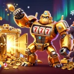 Experience the thrill of online casinos with a dynamic 3D scene featuring a golden mech and treasures.