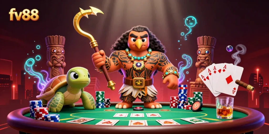 Experience high-stakes poker action with fv88's vibrant casino scene featuring dynamic characters and rich game elements.
