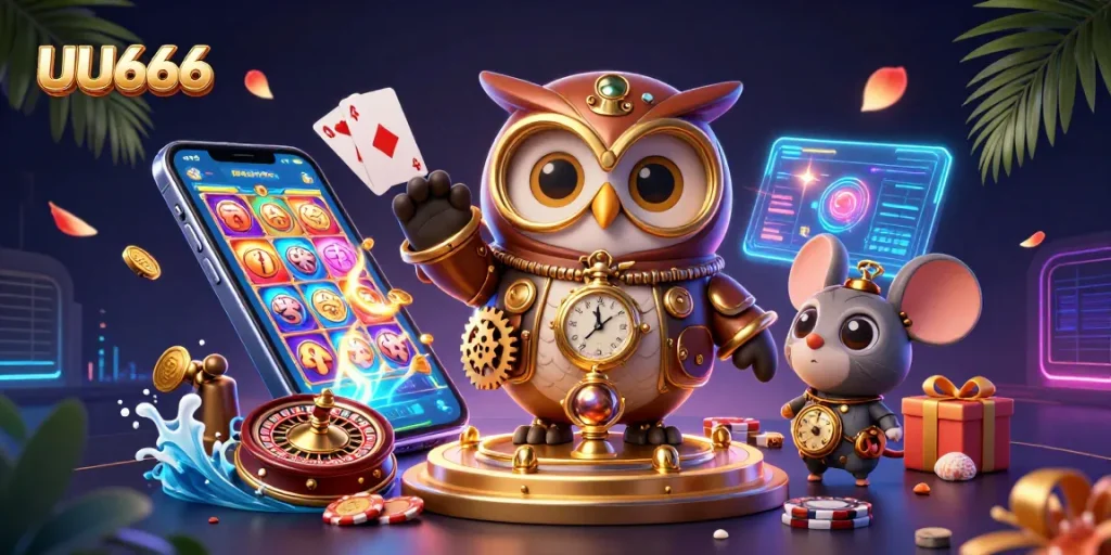 Engage with the thrilling world of UU666, featuring a dynamic 3D illustration of a time-traveler owl amidst vibrant casino elements.