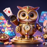 Engage with the thrilling world of UU666, featuring a dynamic 3D illustration of a time-traveler owl amidst vibrant casino elements.