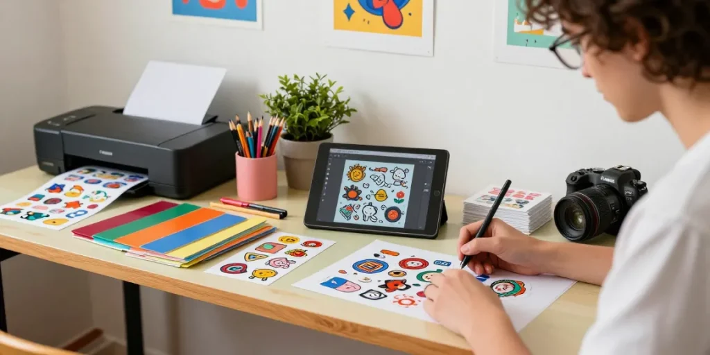 Artist designing custom stickers in a vibrant workspace filled with art supplies.