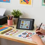 Artist designing custom stickers in a vibrant workspace filled with art supplies.