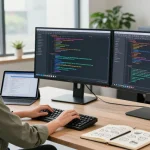 Developer coding with dual monitors in a modern workspace focused on rti scheduler software.