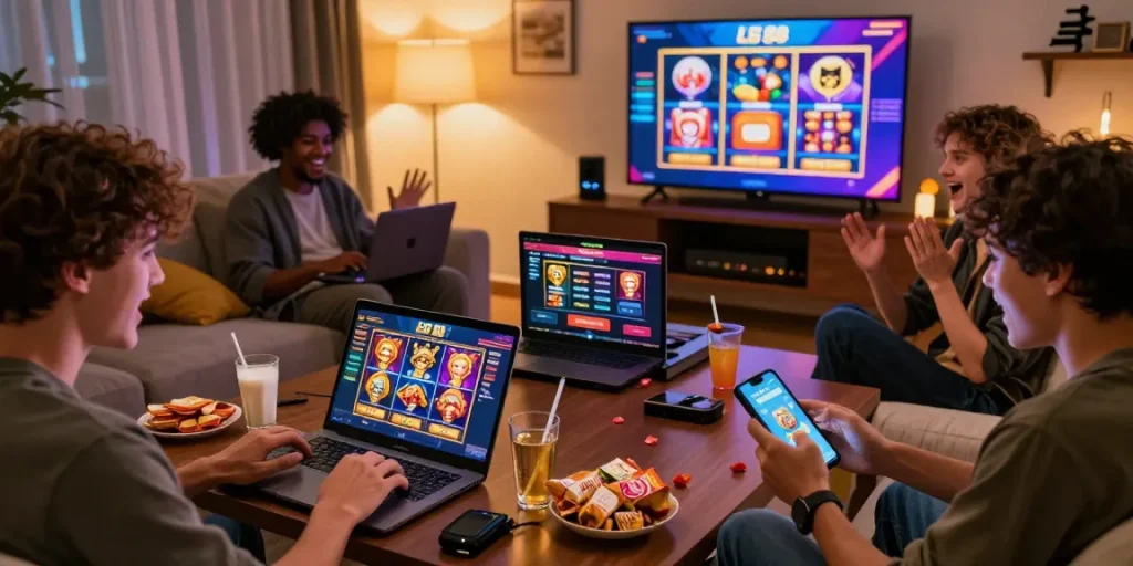 Players enjoying slot88 games on various devices in a cozy gaming environment.