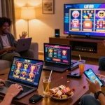 Players enjoying slot88 games on various devices in a cozy gaming environment.