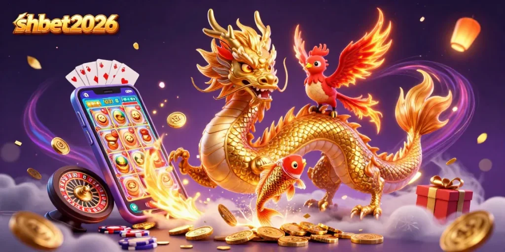 Engage with shbet2026's exciting 3D casino illustration featuring a dragon, phoenix, and koi fish among dynamic gaming elements.