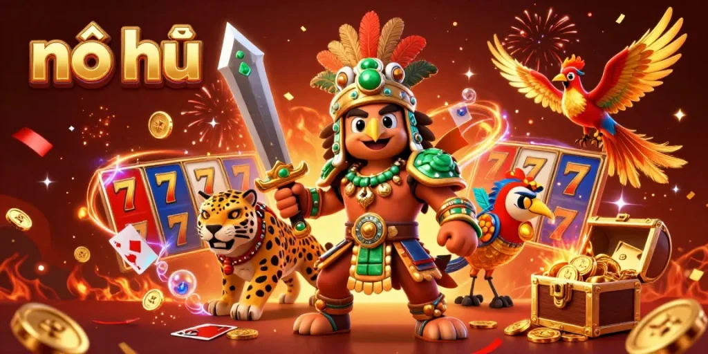 Experience nổ hũ excitement with dynamic slot reels, gold coins, and colorful gaming elements.