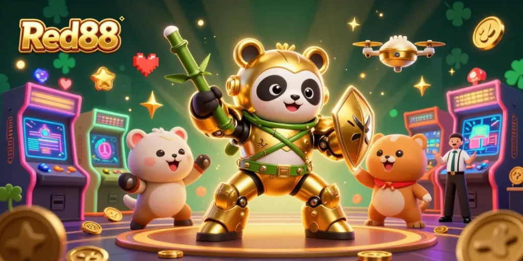 Red88 showcases an exhilarating live casino scene with a panda mech-suit pilot, surrounded by colorful arcade elements.