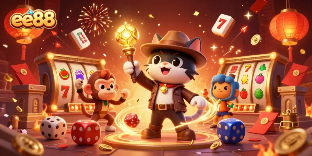 Experience the thrill of ee88 with a vibrant casino adventure featuring lucky symbols and dynamic characters.