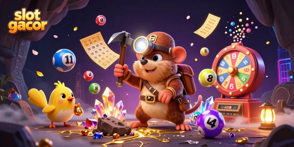 Engage with slot gacor in a vibrant casino-themed scene featuring a treasure hunter and festive elements.
