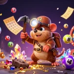 Engage with slot gacor in a vibrant casino-themed scene featuring a treasure hunter and festive elements.