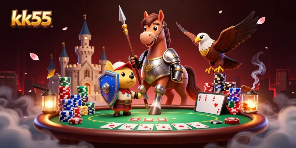 Spin the reels of fortune at kk55's vibrant gaming scene with knights and poker elements.