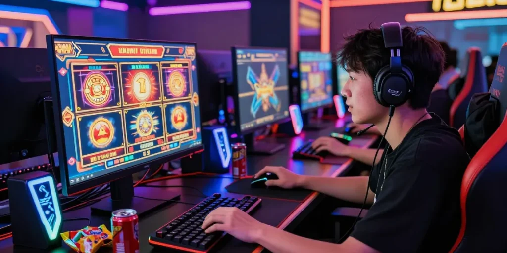 Intense online player showcasing link slot gaming experience with vibrant slot machines and immersive setup.