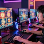 Intense online player showcasing link slot gaming experience with vibrant slot machines and immersive setup.