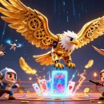 Winbox journey through holographic playing cards with a cybernetic eagle amid vibrant casino elements.
