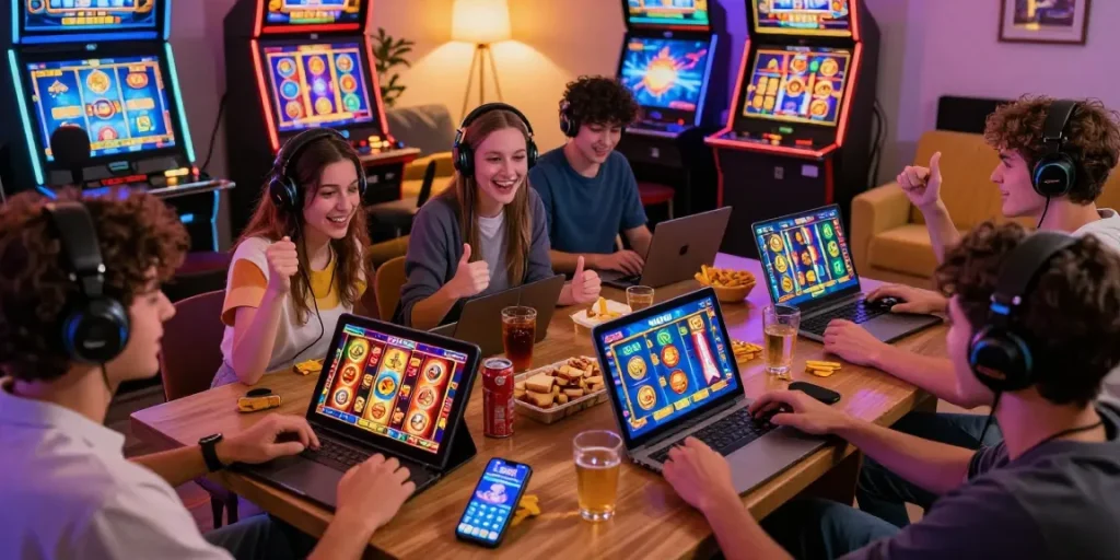 Engaged players enjoying wd138 slot games on various devices in a vibrant gaming atmosphere.