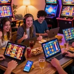 Engaged players enjoying wd138 slot games on various devices in a vibrant gaming atmosphere.