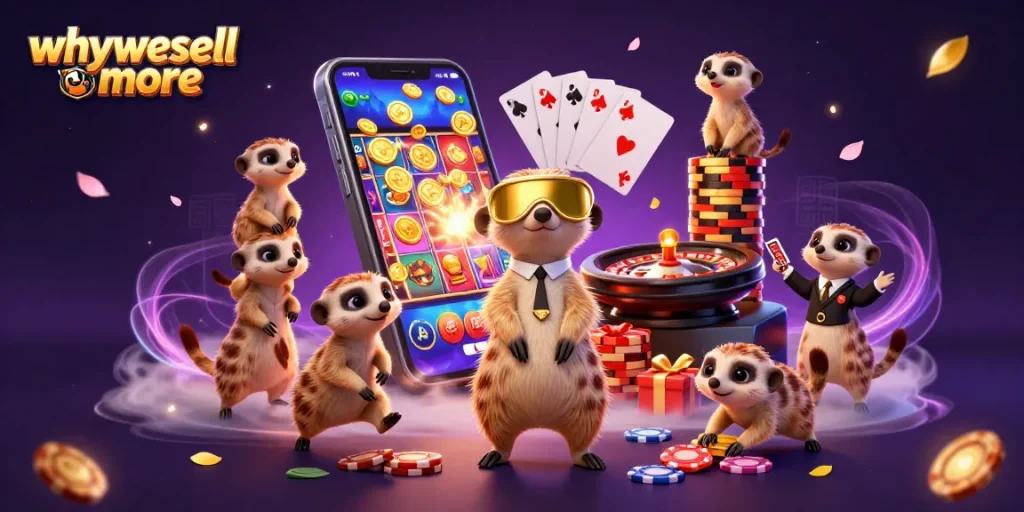 Permainan kasino yang mengasyikkan dengan meerkat di atas, tema whywesellmore yang penuh warna.