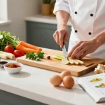 Chef preparing nutritious meals with fresh ingredients like ginger and eggs in a bright kitchen, focusing on เว็บสล็อต health benefits.