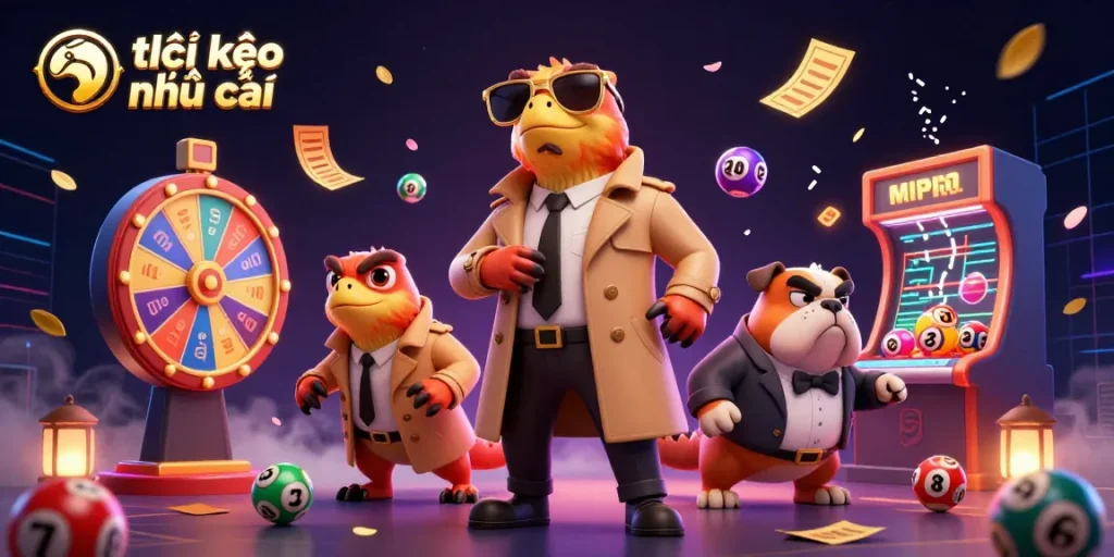 Three raptors in a trench coat attempt to sneak into a VIP casino while showcasing tỷ lệ kèo nhà cái amidst colorful lottery balls.