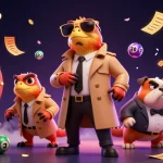 Three raptors in a trench coat attempt to sneak into a VIP casino while showcasing tỷ lệ kèo nhà cái amidst colorful lottery balls.