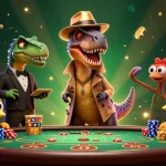 Experience thrilling action at sin88 with a velociraptor card counter and a stegosaurus pit boss in a lively casino scene.