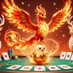 Feel the excitement at nhacaibetuytin as a phoenix rises amidst poker elements and celebration.