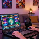Playbook88 gaming enthusiast engaging with high RTP online slot games in a vibrant game room.