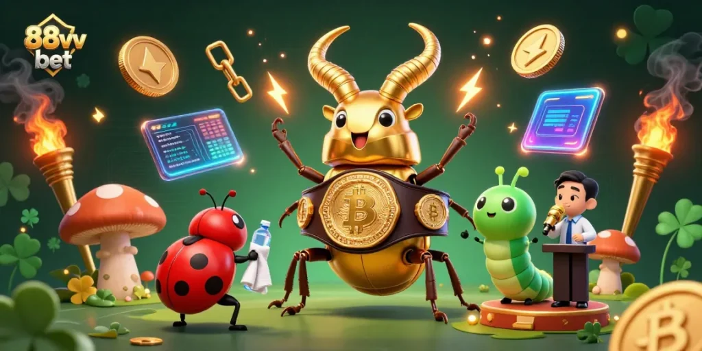 Engage in betting excitement with 88vv bet featuring a giant golden stag beetle and crypto elements.