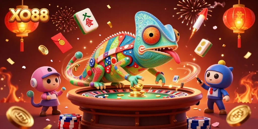 Experience the thrill of XO88 casino with vibrant games and rewards in this colorful illustration.