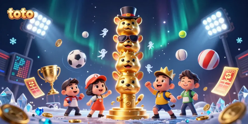 Gambar ikon toto dengan totem emas dan bola olahraga beraksi meriah di latar belakang.