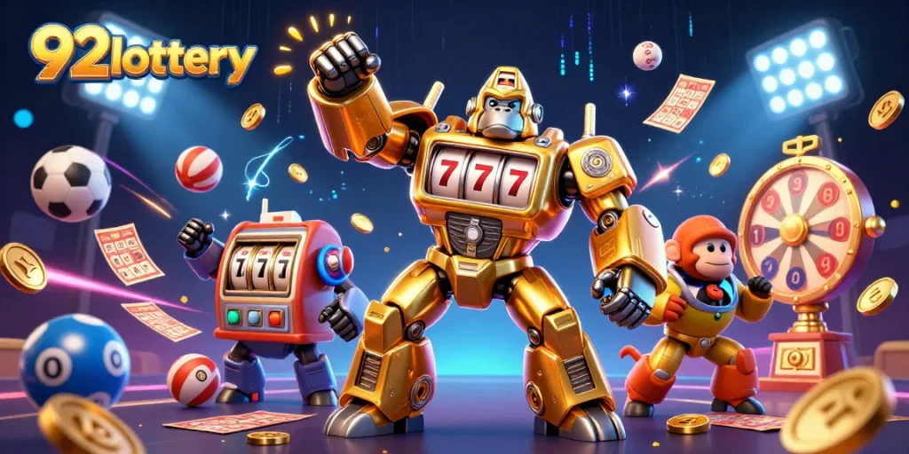 Engage in exciting lottery gameplay with 92lottery's vibrant 3D illustration full of festivities.